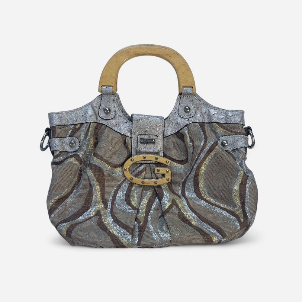 Y2K Guess Swirl Metallic Print Wood Handle Handbag